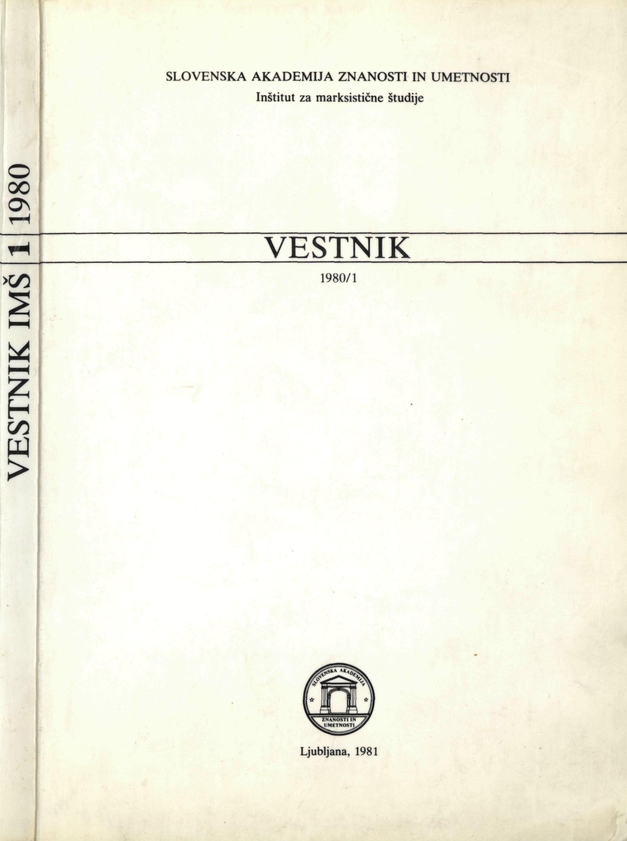 					View Vol. 1 No. 1 (1980): Vestnik Inštituta za marksistične študije ZRC SAZU
				