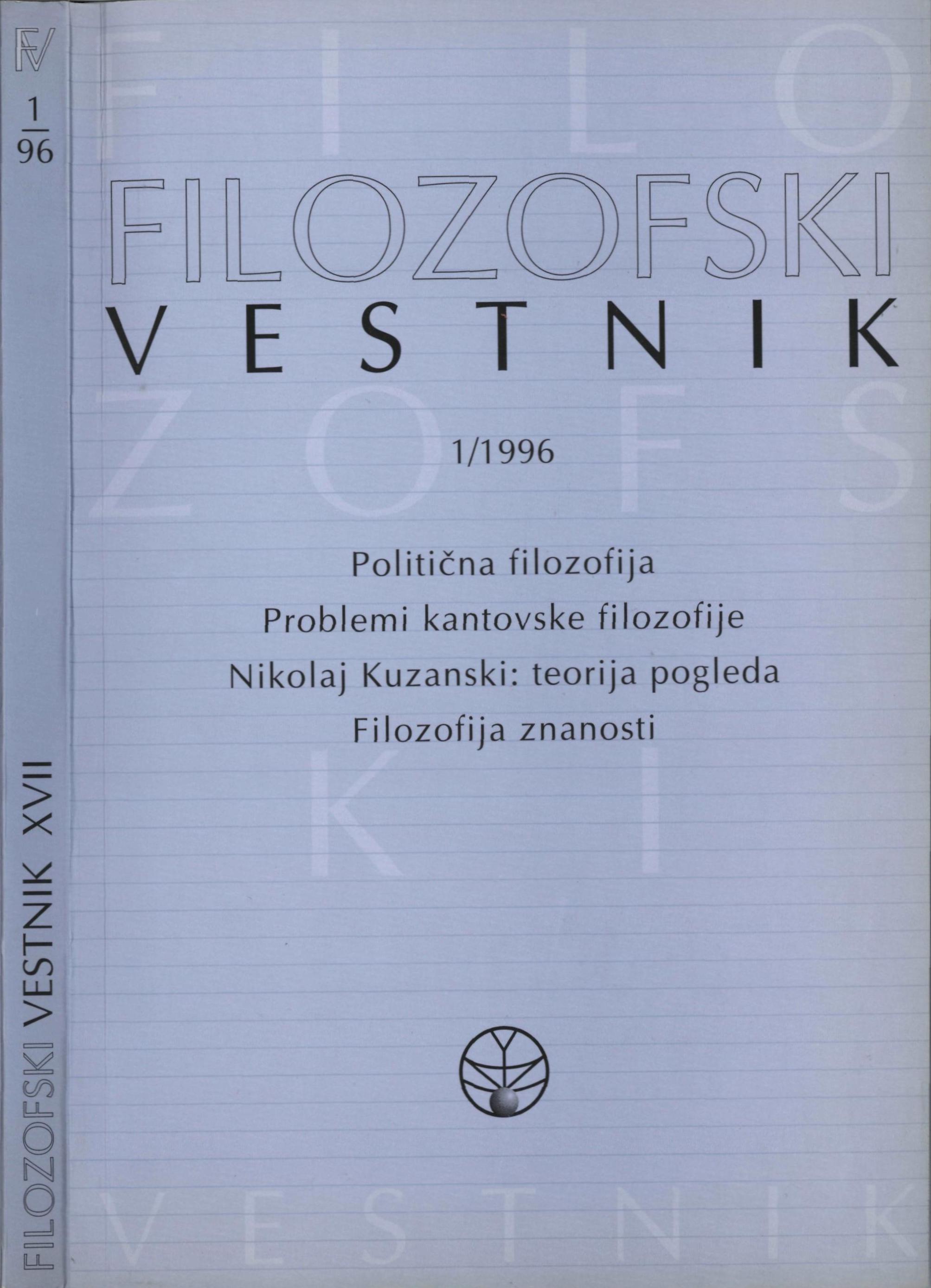 					View Vol. 17 No. 1 (1996): Politična filozofija, kantovska filozofija, Kuzanski...
				